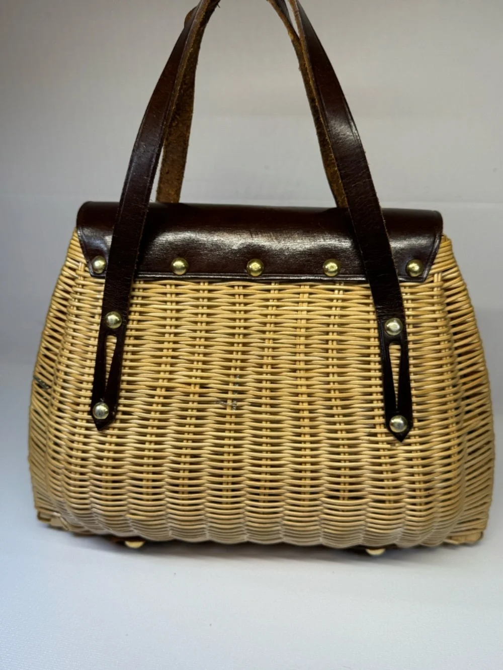 Vintage Mr. Jonas Wicker Basket Handbag Brown Leather Trim Top Handle Purse